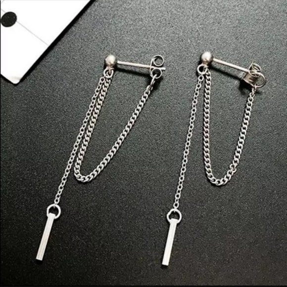 *NEW 925 Sterling Silver Chain Bar Drop Earrings - Picture 1 of 4